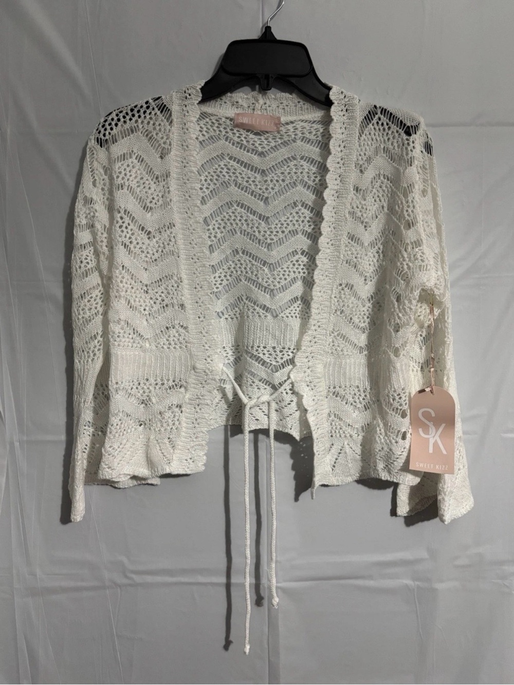 Sweet Kizz Cream Open-Knit Tie-Front Cardigan